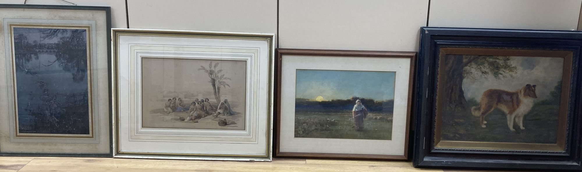 F.E.Grone, watercolour, Shepherdess at sunset, sketch of a collie and two prints
